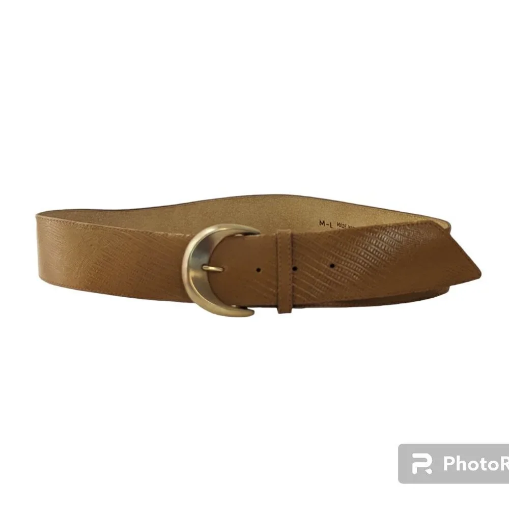 Vintage Textured Leather Belt Wide Tan Yellow‎ Brown Gold Tone Buckle Hardware